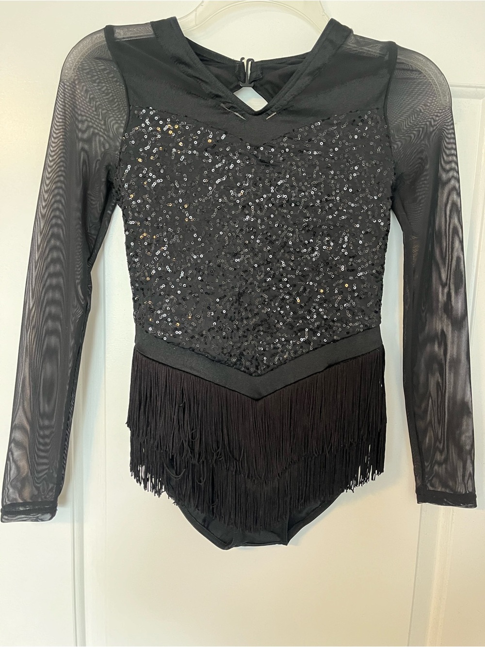 Jazz Tap Musical Theater Black Sequin Fringe Leo Girls' Dance Costume Lg Child